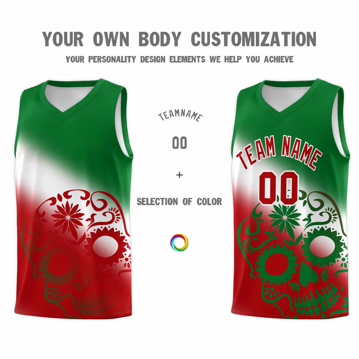 Custom White Kelly Green Red Mexican Colors Graffiti Patterns Lightweight Uniform Basketball Jersey