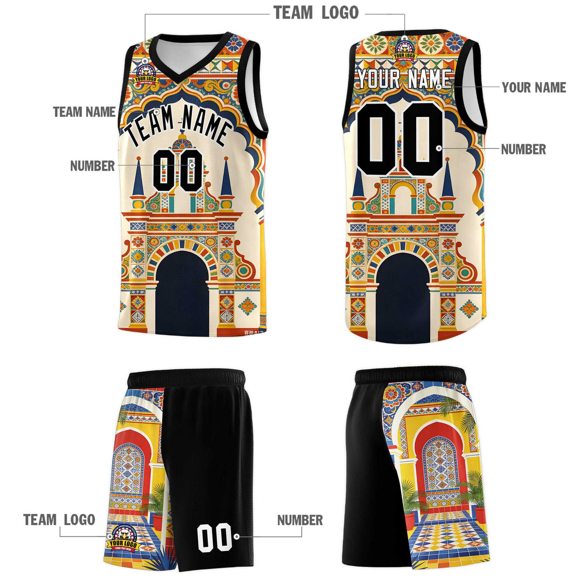 Custom Palace pattern Black Mexican Colors Graffiti Patterns Breathable Uniform Basketball Jersey