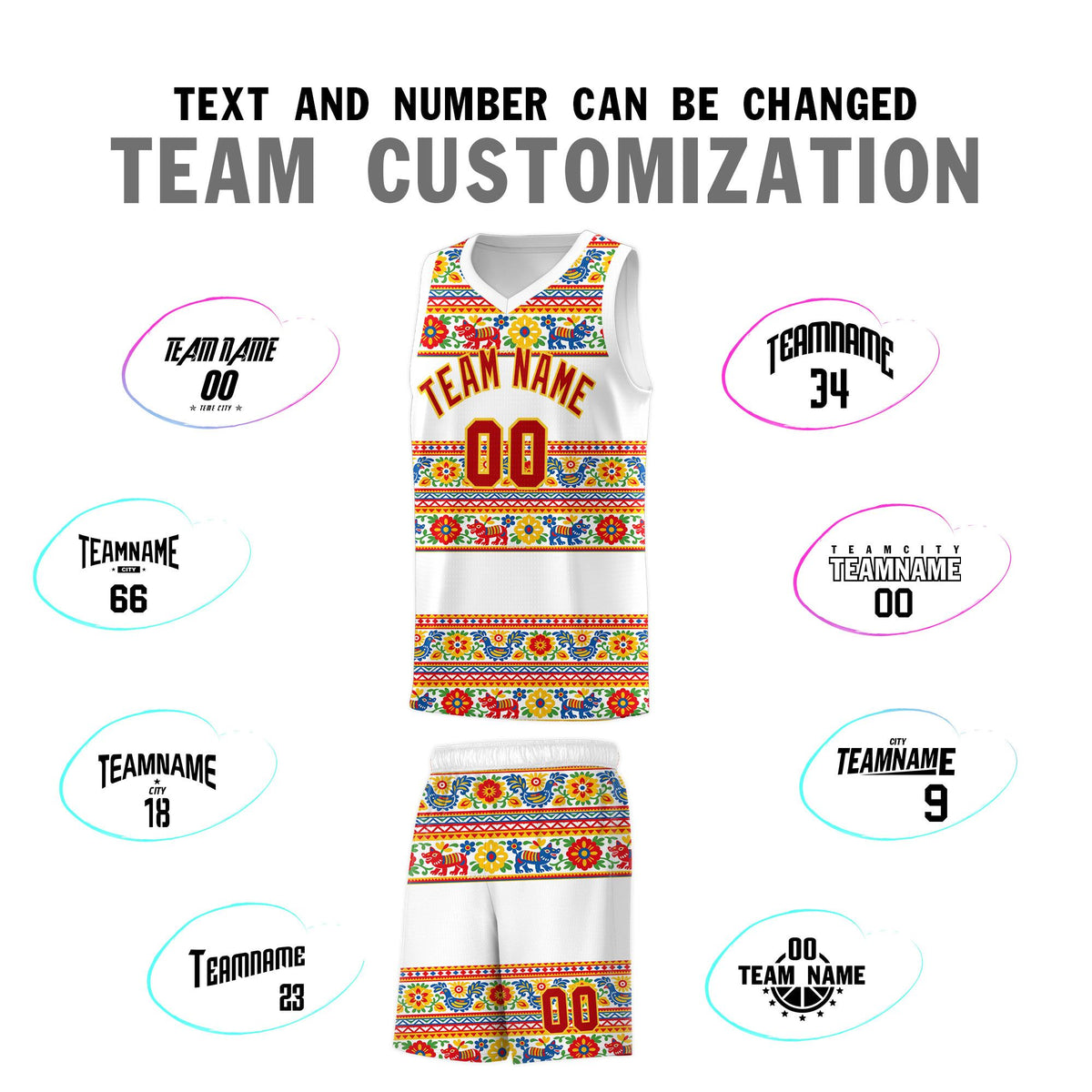 Custom White Colorfulflower pattern Mexican Colors Graffiti Patterns Quick-Drying Uniform Basketball Jersey