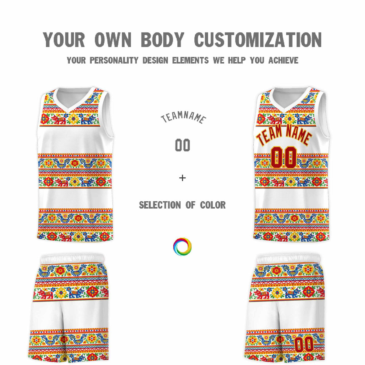 Custom White Colorfulflower pattern Mexican Colors Graffiti Patterns Quick-Drying Uniform Basketball Jersey