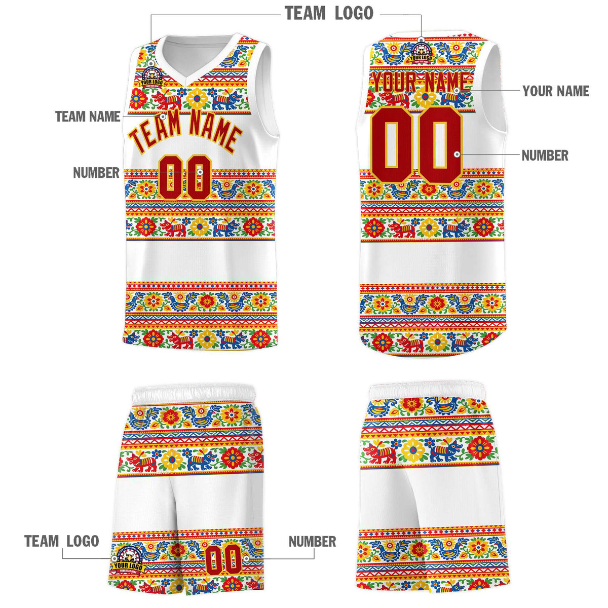 Custom White Colorfulflower pattern Mexican Colors Graffiti Patterns Quick-Drying Uniform Basketball Jersey