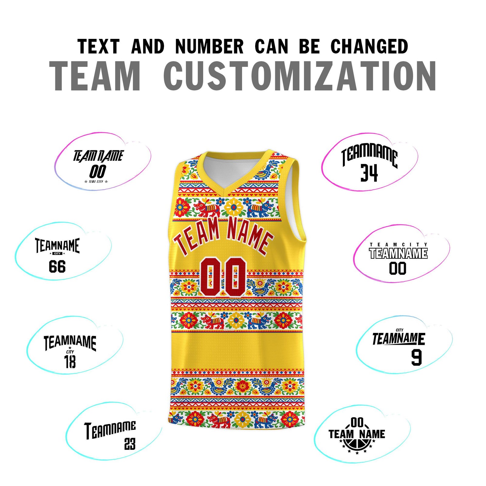 Custom Gold Colorfulflower pattern Mexican Colors Graffiti Patterns Lightweight Uniform Basketball Jersey