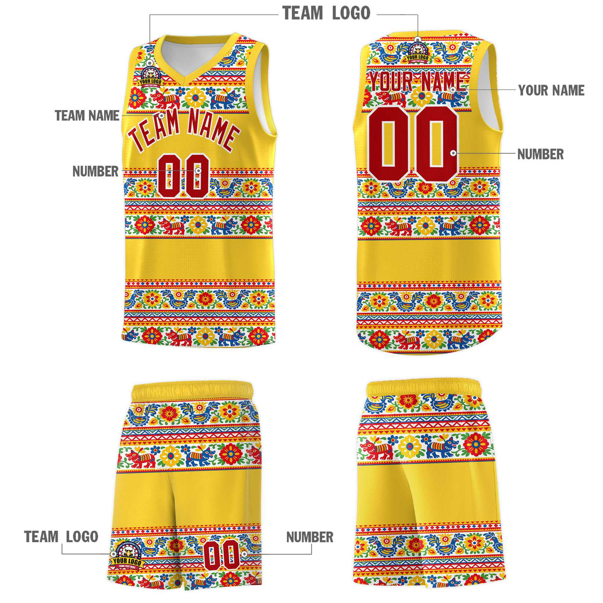 Custom Gold Colorfulflower pattern Mexican Colors Graffiti Patterns Lightweight Uniform Basketball Jersey