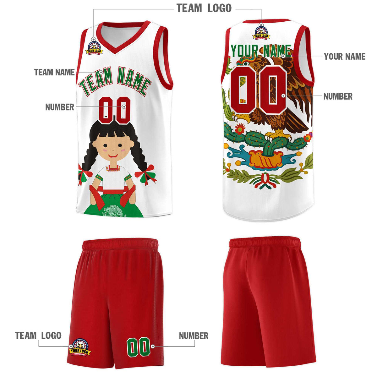 Custom White Red Mexican Colors Graffiti Patterns Sublimation Printing Uniform Basketball Jersey