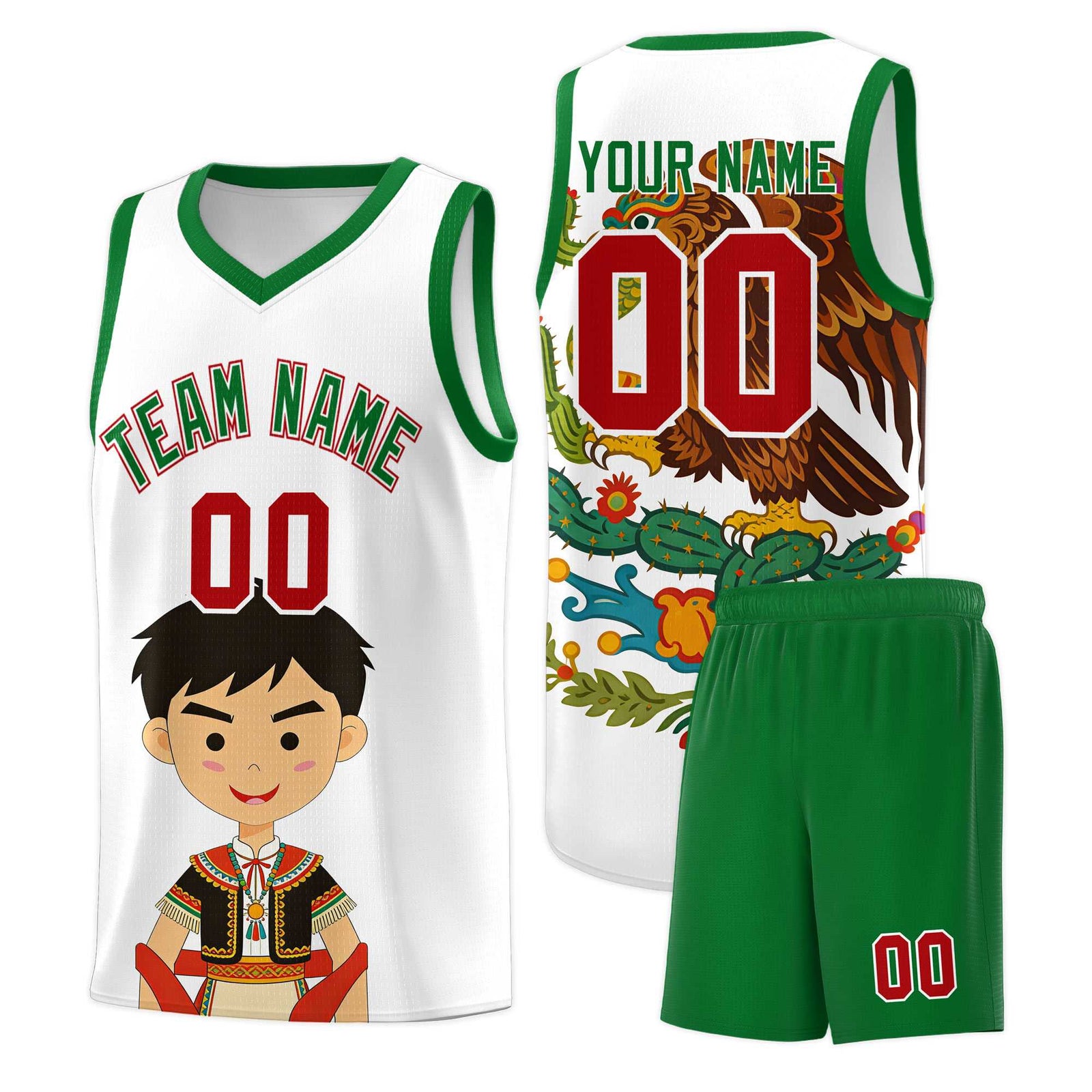 Custom White Kelly Green Mexican Colors Graffiti Patterns Breathable Uniform Basketball Jersey