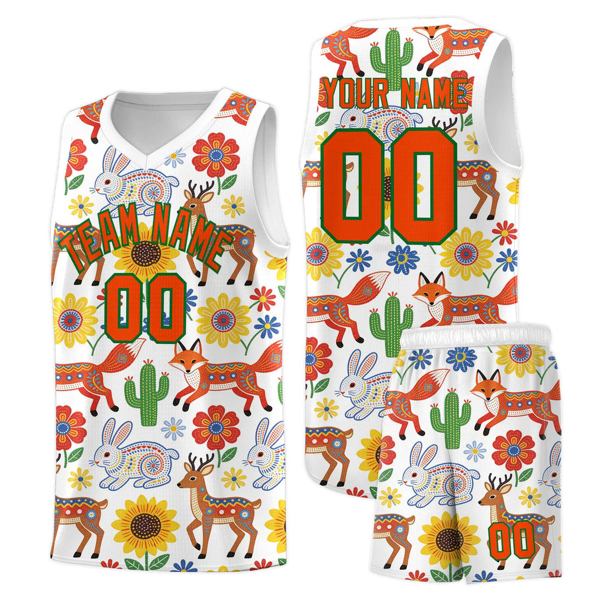 Custom White Chrysanthemum OrangeMexican Colors Graffiti Patterns Quick-Drying Uniform Basketball Jersey