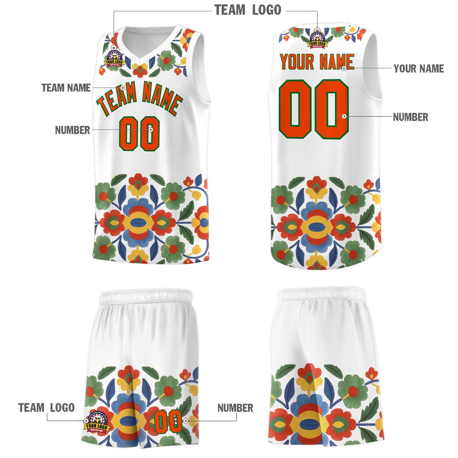 Custom White Orange Mexican Colors Graffiti Patterns Lightweight Uniform Basketball Jersey