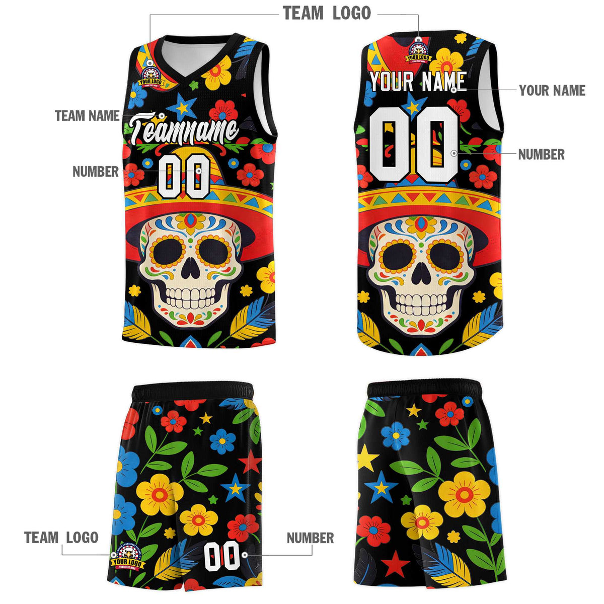 Custom Black Skeleton Mexican Colors Graffiti Patterns Breathable Uniform Basketball Jersey