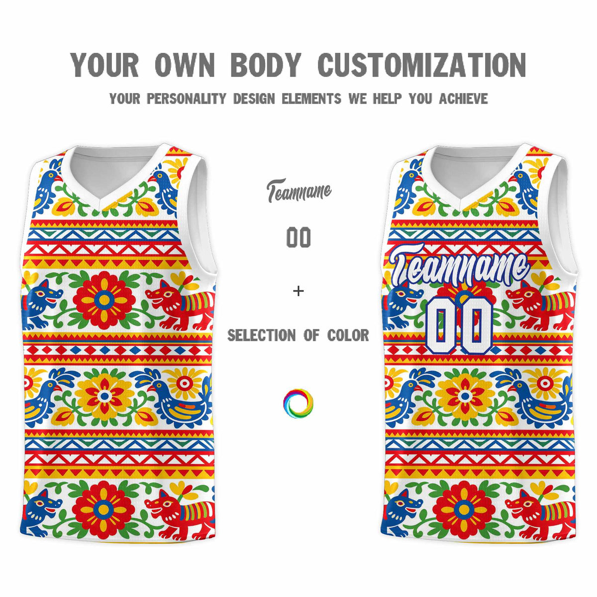 Custom White Colorfulflower pattern Mexican Colors Graffiti Patterns Quick-Drying Uniform Basketball Jersey