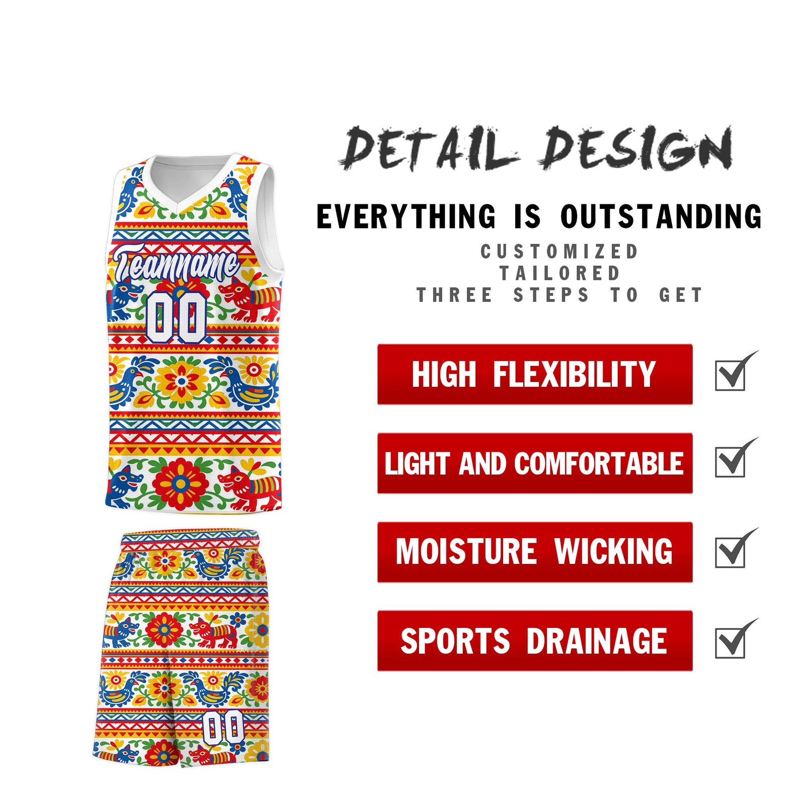 Custom White Colorfulflower pattern Mexican Colors Graffiti Patterns Quick-Drying Uniform Basketball Jersey