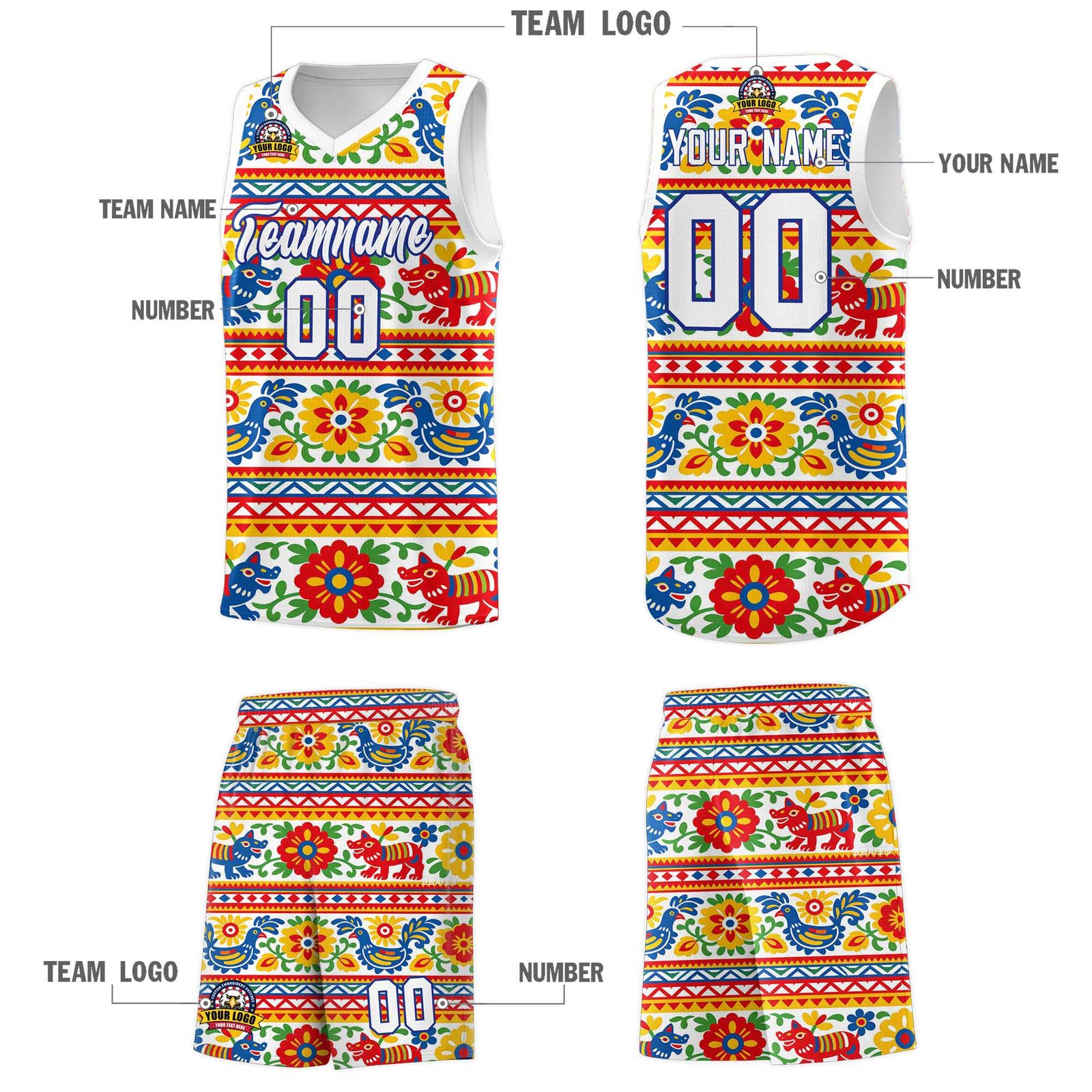 Custom White Colorfulflower pattern Mexican Colors Graffiti Patterns Quick-Drying Uniform Basketball Jersey