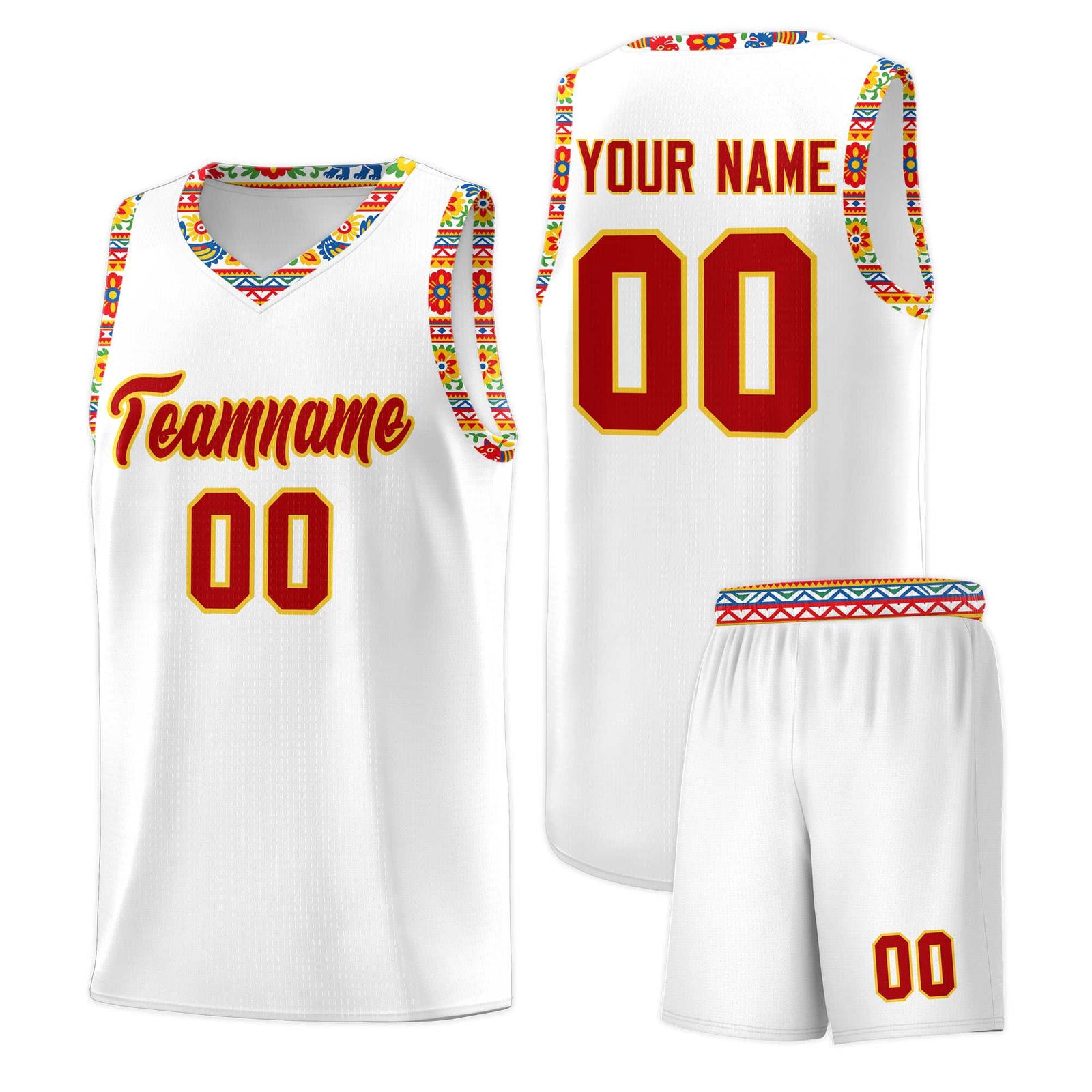 Custom White Colorfulflower pattern Mexican Colors Graffiti Patterns Wrinkle-Resistant Uniform Basketball Jersey