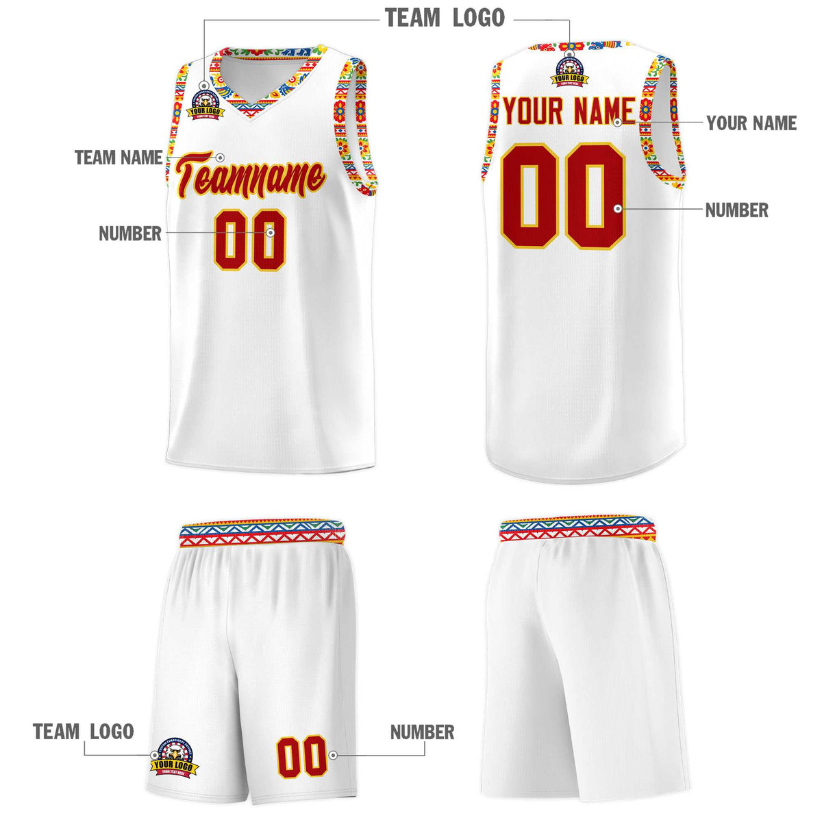 Custom White Colorfulflower pattern Mexican Colors Graffiti Patterns Wrinkle-Resistant Uniform Basketball Jersey