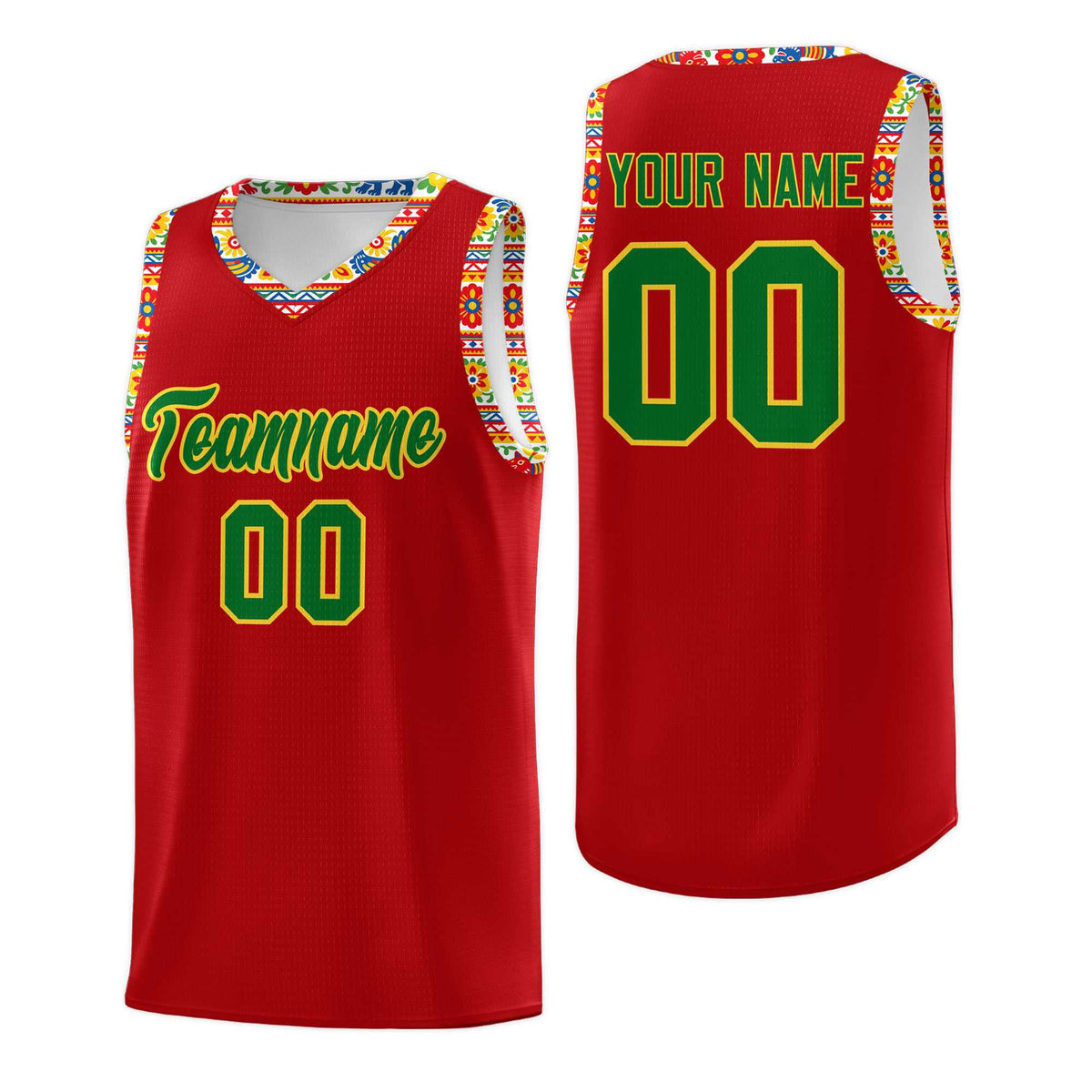 Custom Red Colorfulflower pattern Mexican Colors Graffiti Patterns Drapable Uniform Basketball Jersey