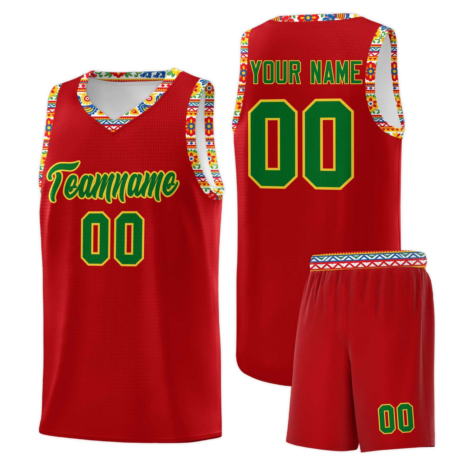 Custom Red Colorfulflower pattern Mexican Colors Graffiti Patterns Drapable Uniform Basketball Jersey