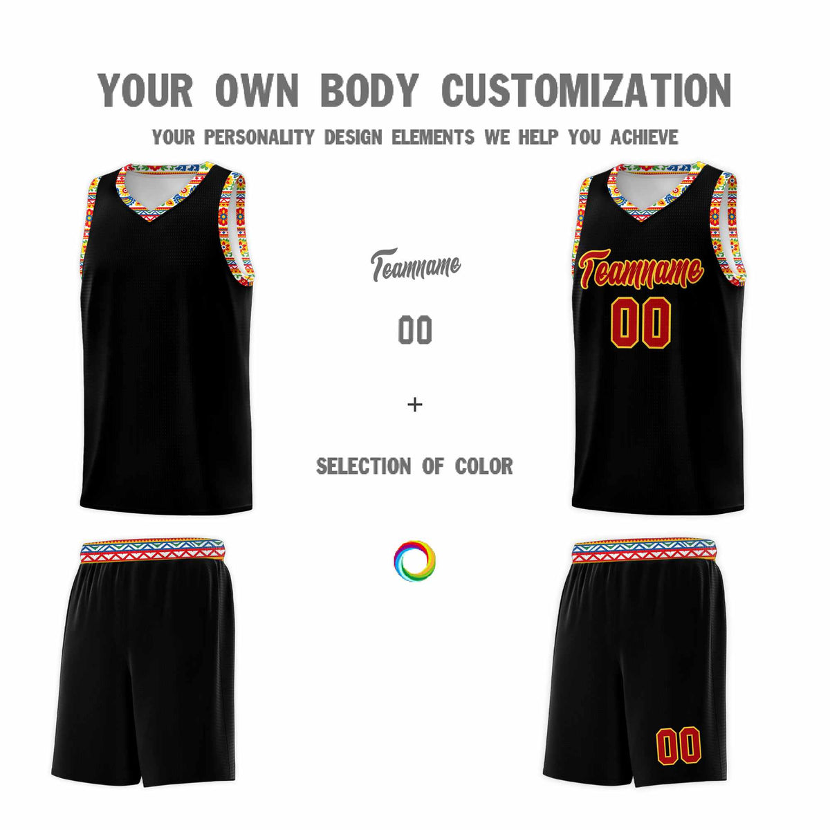 Custom Black Colorfulflower pattern Mexican Colors Graffiti Patterns Sublimation Printing Uniform Basketball Jersey