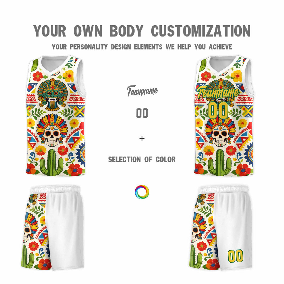 Custom White Skeleton Mexican Colors Graffiti Patterns Sublimation Printing Uniform Basketball Jersey