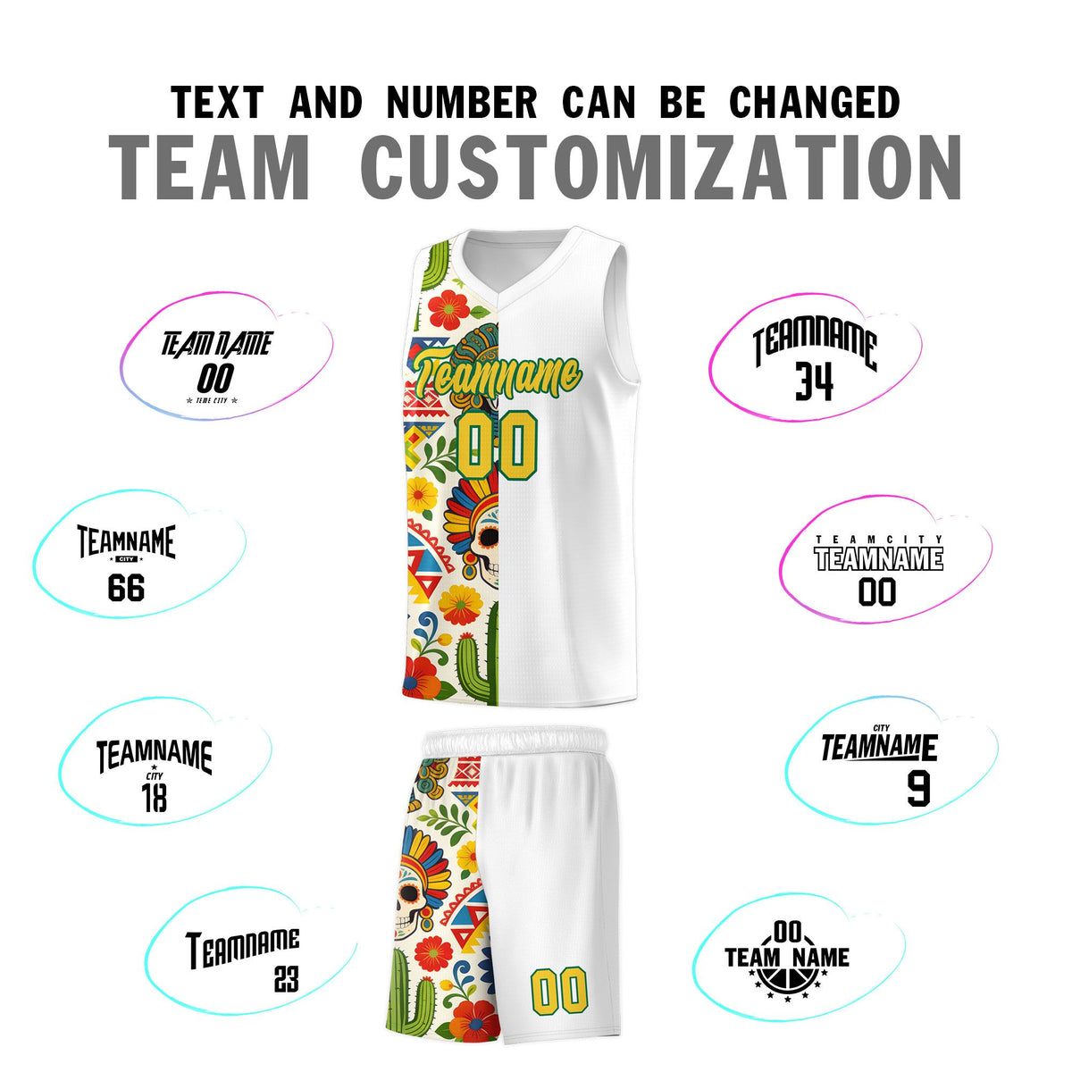 Custom White Skeleton Mexican Colors Graffiti Patterns Breathable Uniform Basketball Jersey