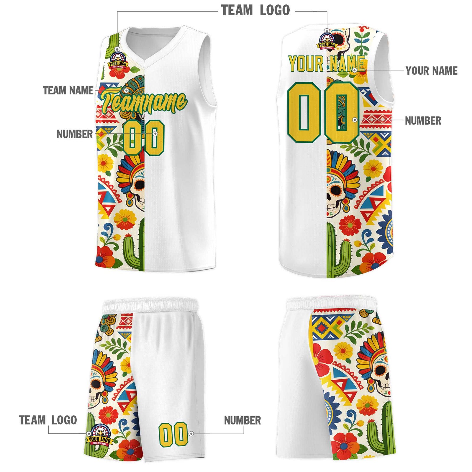 Custom White Skeleton Mexican Colors Graffiti Patterns Breathable Uniform Basketball Jersey