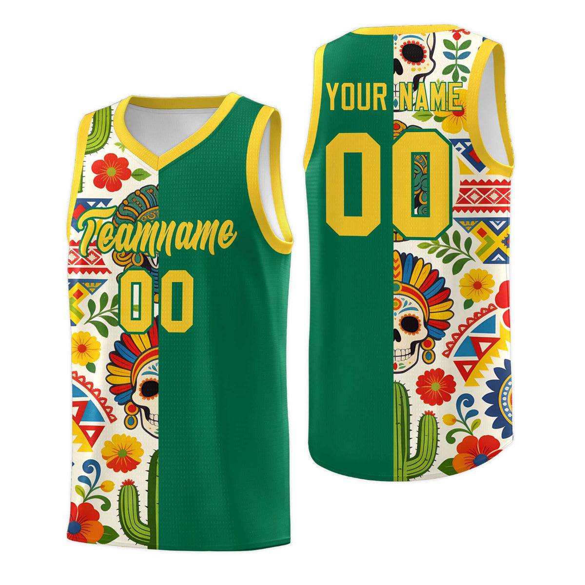 Custom Kelly Green Skeleton Mexican Colors Graffiti Patterns Quick-Drying Uniform Basketball Jersey