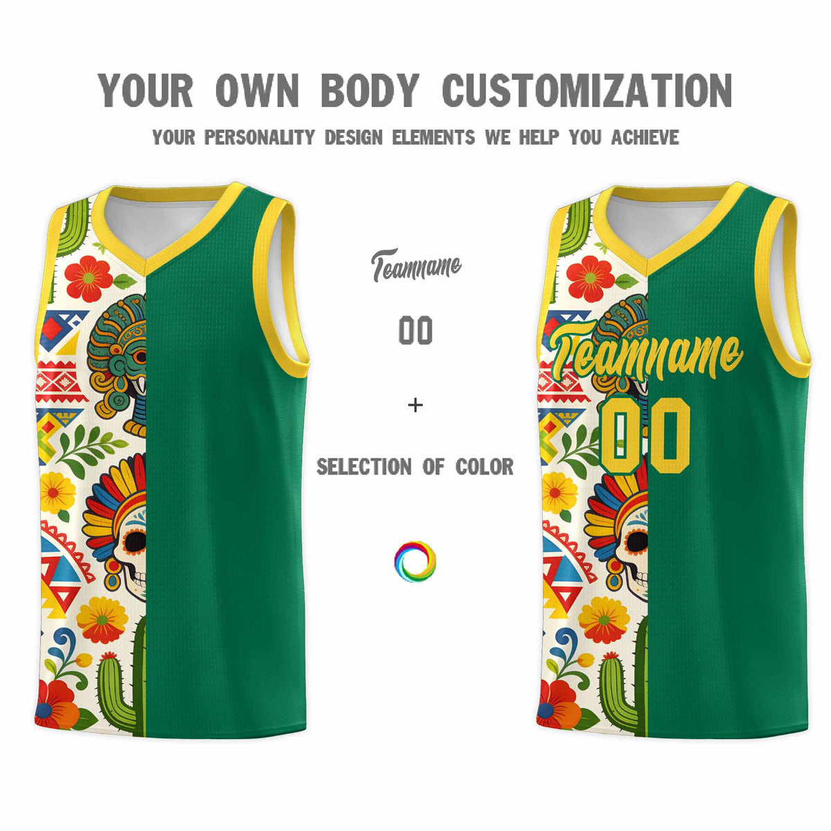 Custom Kelly Green Skeleton Mexican Colors Graffiti Patterns Quick-Drying Uniform Basketball Jersey