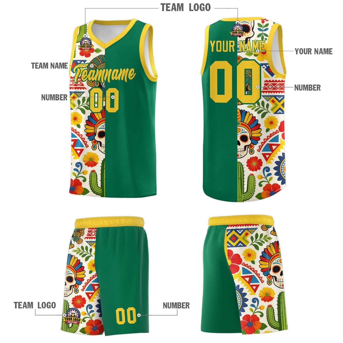 Custom Kelly Green Skeleton Mexican Colors Graffiti Patterns Quick-Drying Uniform Basketball Jersey
