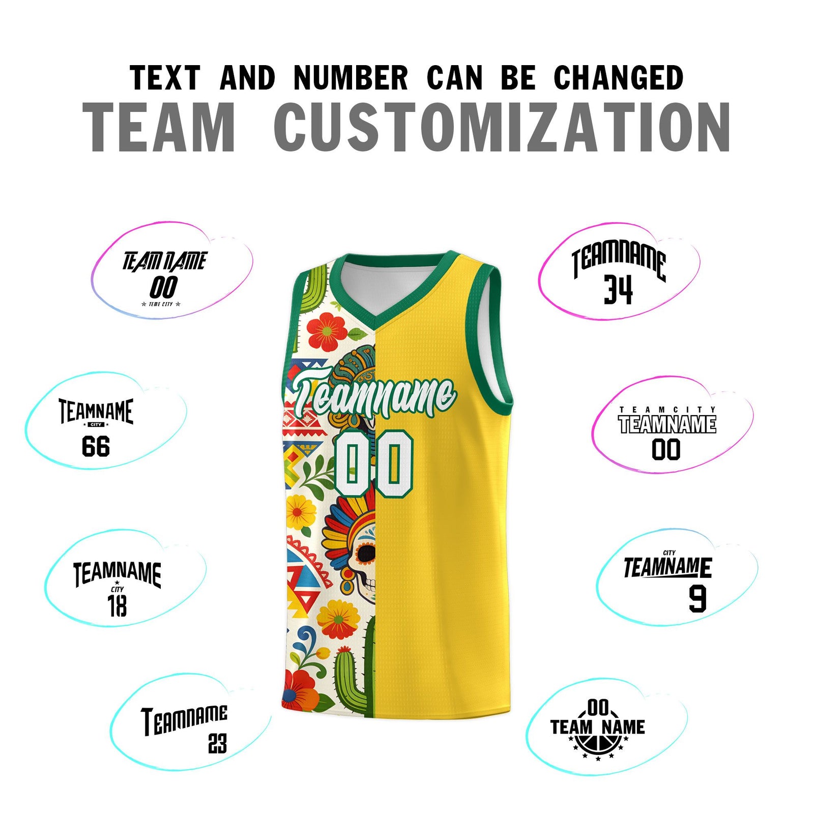 Custom Gold Skeleton Mexican Colors Graffiti Patterns Lightweight Uniform Basketball Jersey