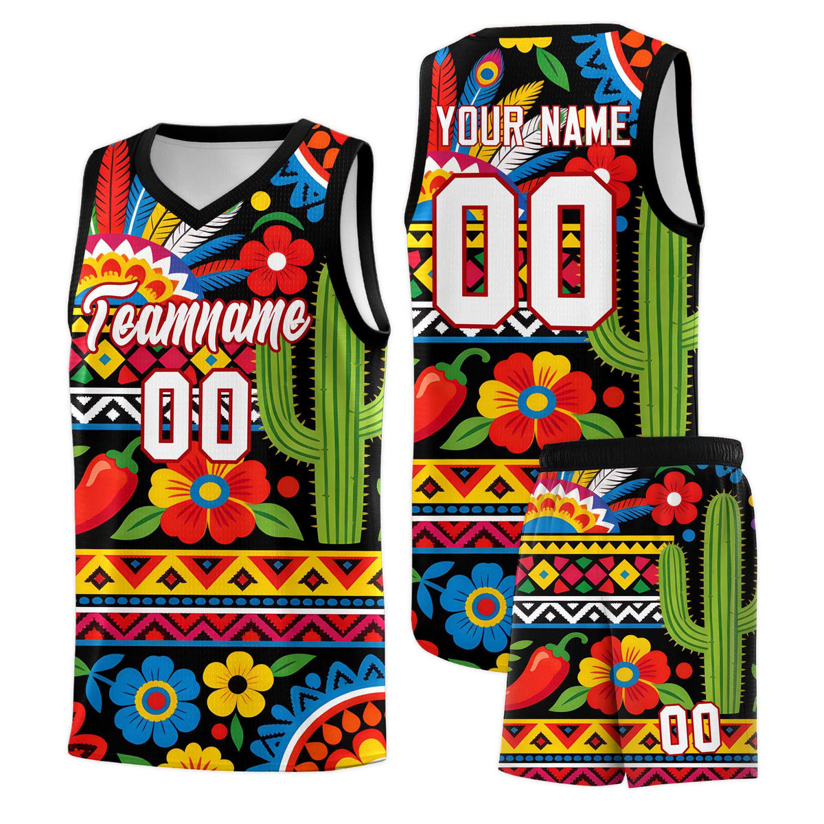 Custom Black Cactus Mexican Colors Graffiti Patterns Wrinkle-Resistant Uniform Basketball Jersey