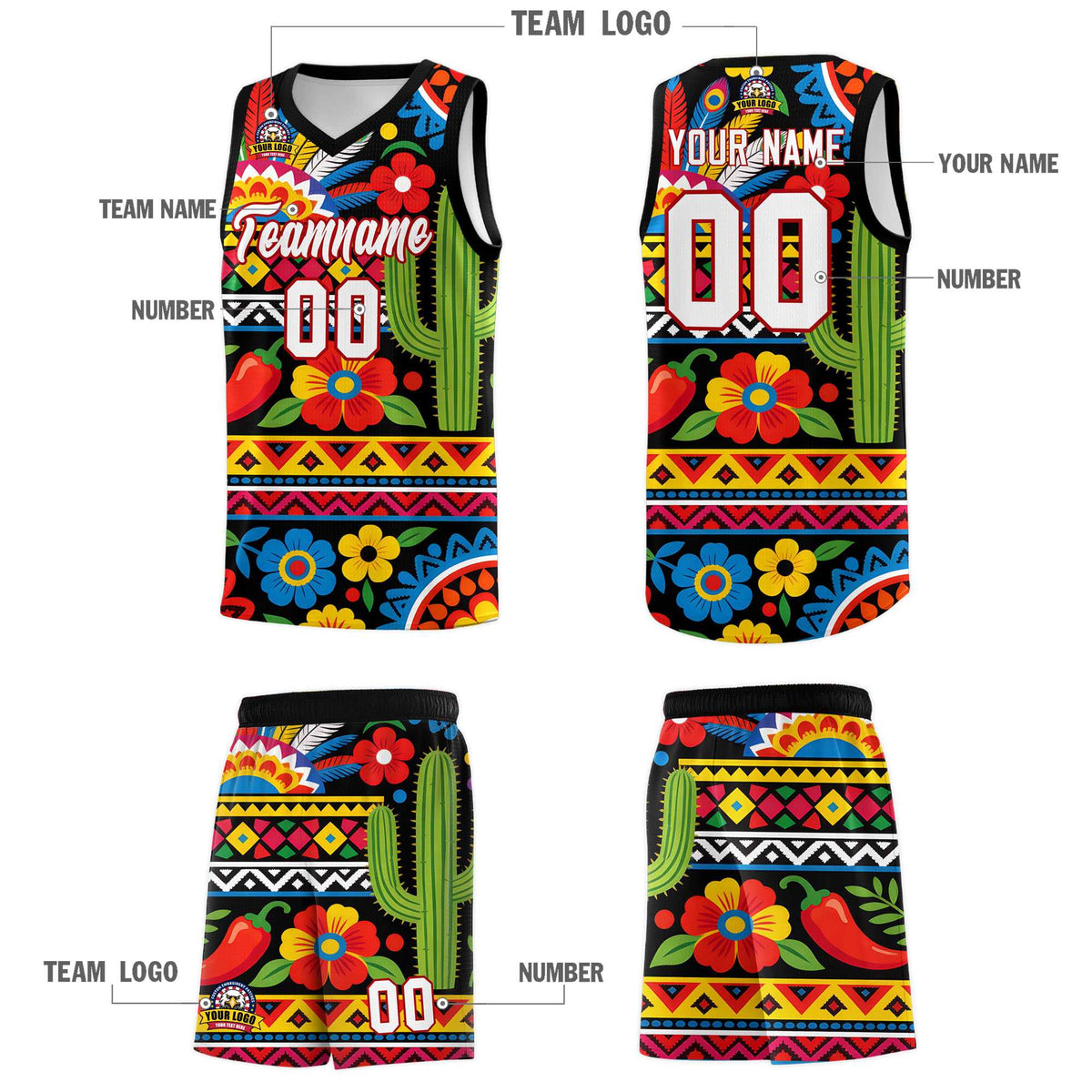 Custom Black Cactus Mexican Colors Graffiti Patterns Wrinkle-Resistant Uniform Basketball Jersey