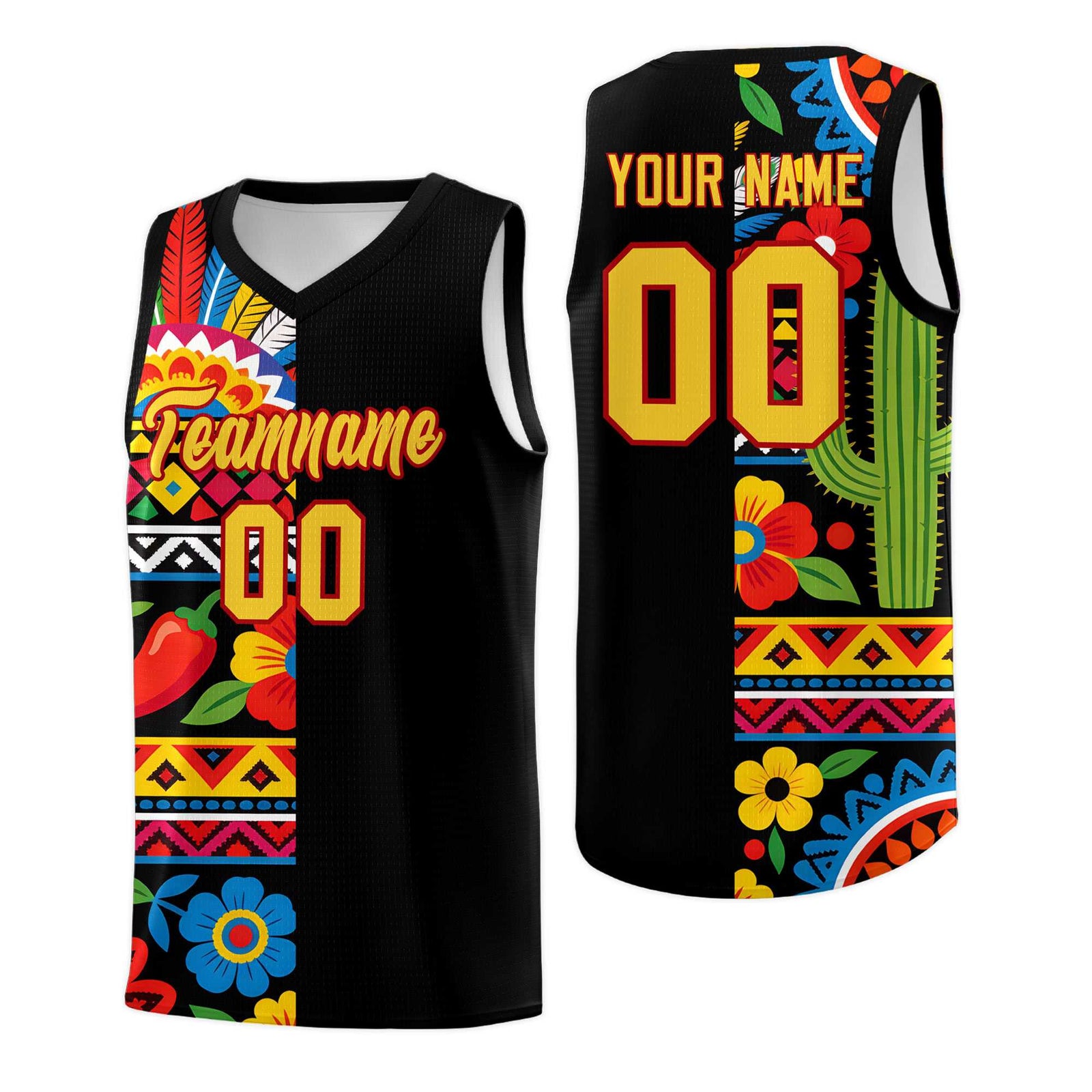 Custom Black Cactus Mexican Colors Graffiti Patterns Drapable Uniform Basketball Jersey