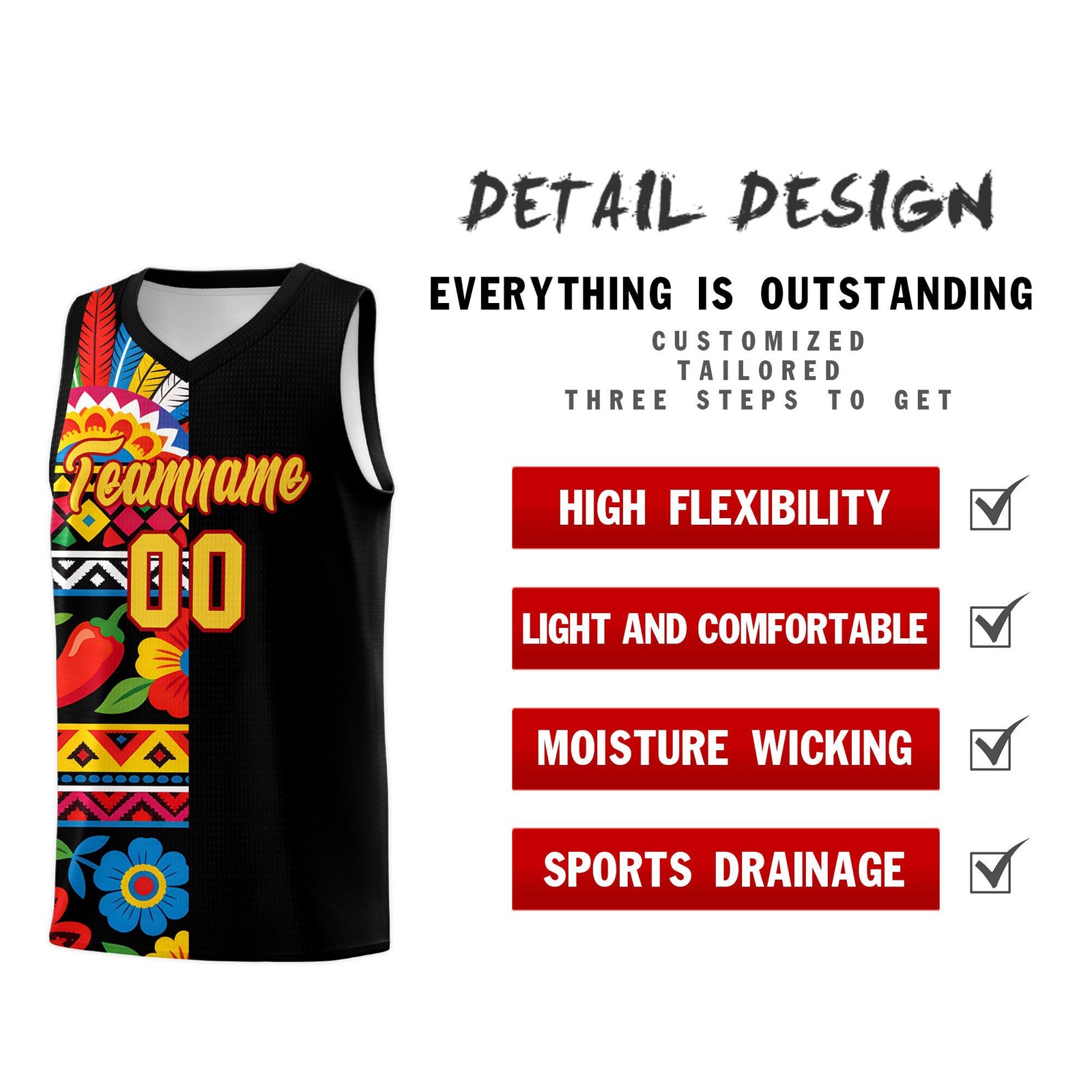 Custom Black Cactus Mexican Colors Graffiti Patterns Drapable Uniform Basketball Jersey