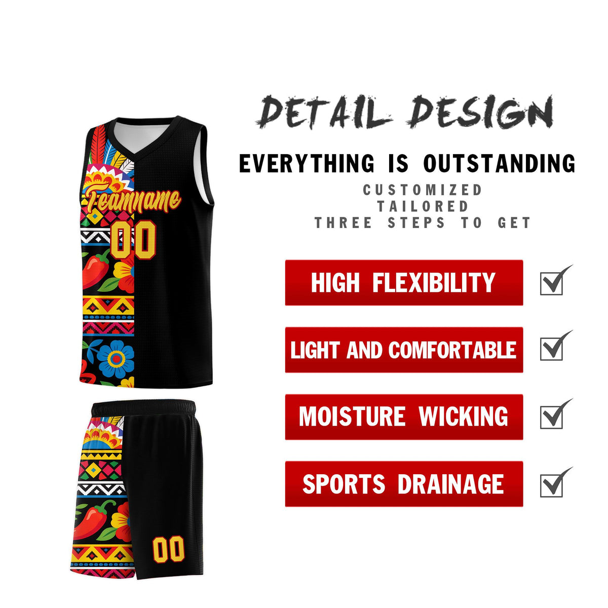 Custom Black Cactus Mexican Colors Graffiti Patterns Drapable Uniform Basketball Jersey