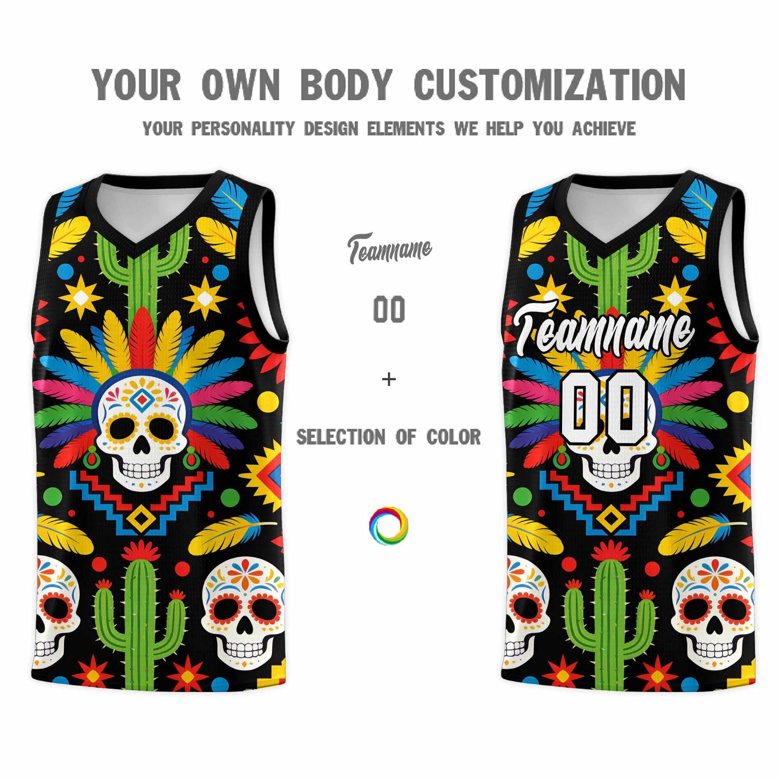 Custom Black Skeleton Mexican Colors Graffiti Patterns Sublimation Printing Uniform Basketball Jersey