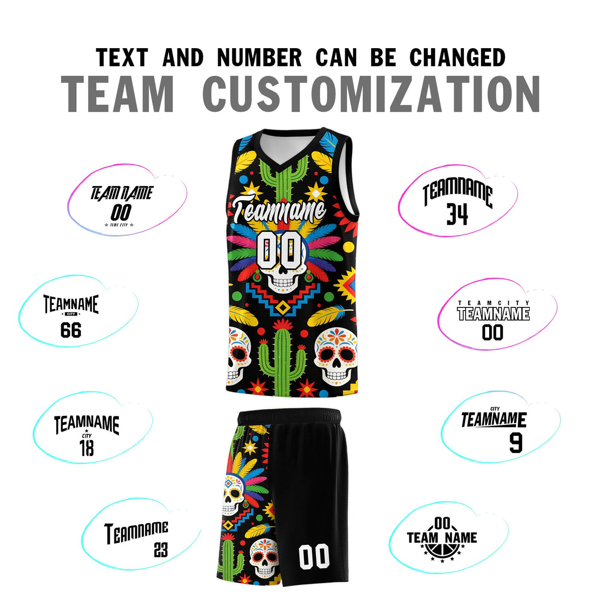 Custom Black Skeleton Mexican Colors Graffiti Patterns Sublimation Printing Uniform Basketball Jersey