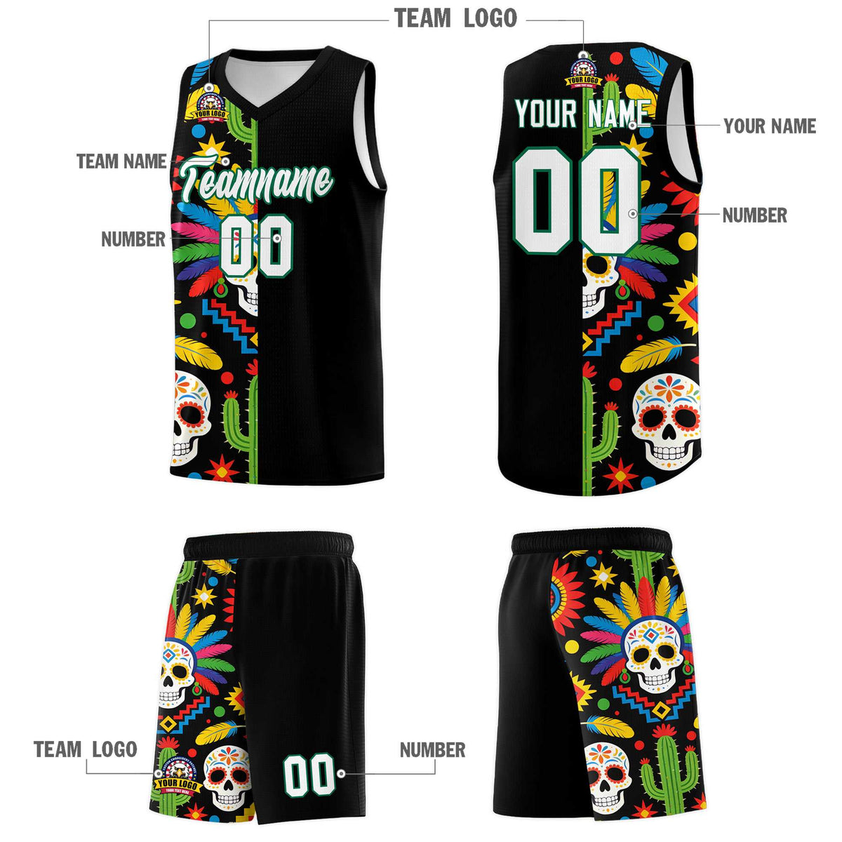 Custom Black Skeleton Mexican Colors Graffiti Patterns Breathable Uniform Basketball Jersey