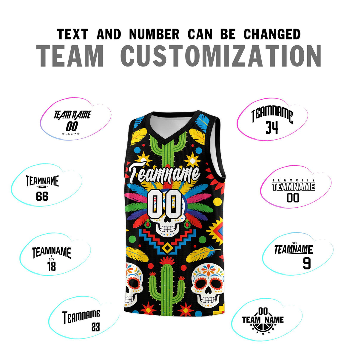 Custom Black Skeleton Mexican Colors Graffiti Patterns Quick-Drying Uniform Basketball Jersey