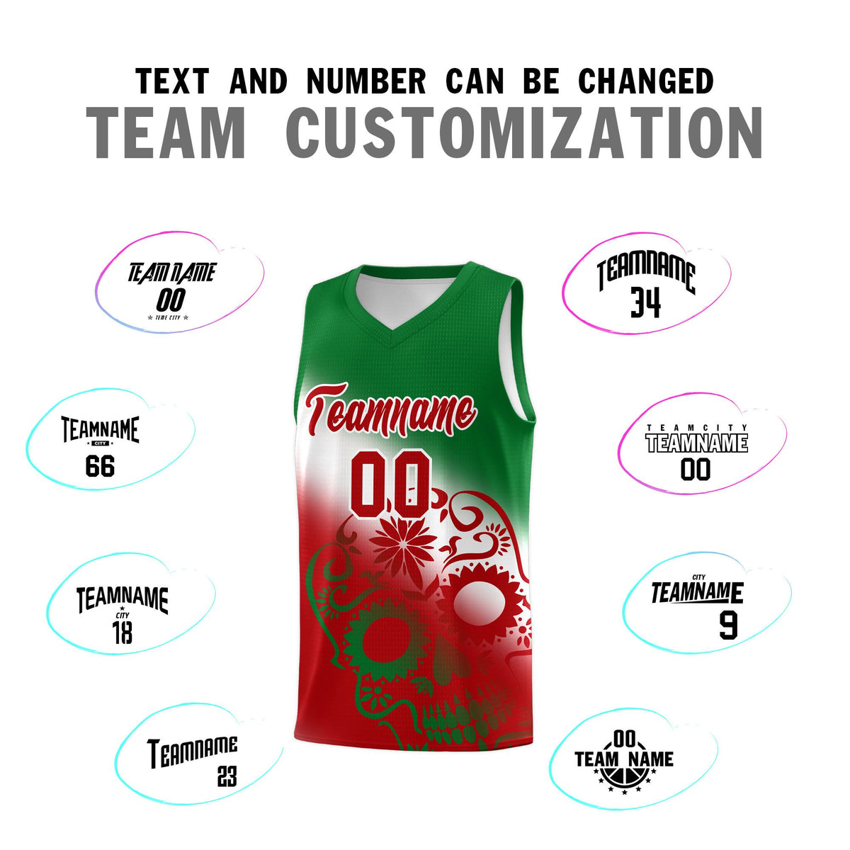 Custom White Kelly Green Red Mexican Colors Graffiti Patterns Lightweight Uniform Basketball Jersey