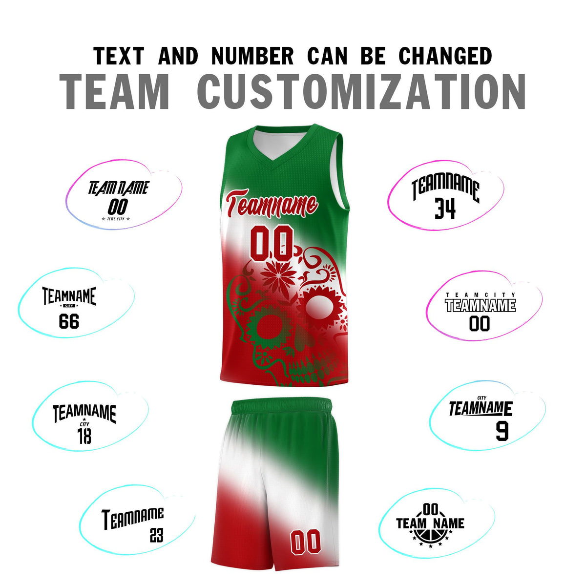 Custom White Kelly Green Red Mexican Colors Graffiti Patterns Lightweight Uniform Basketball Jersey