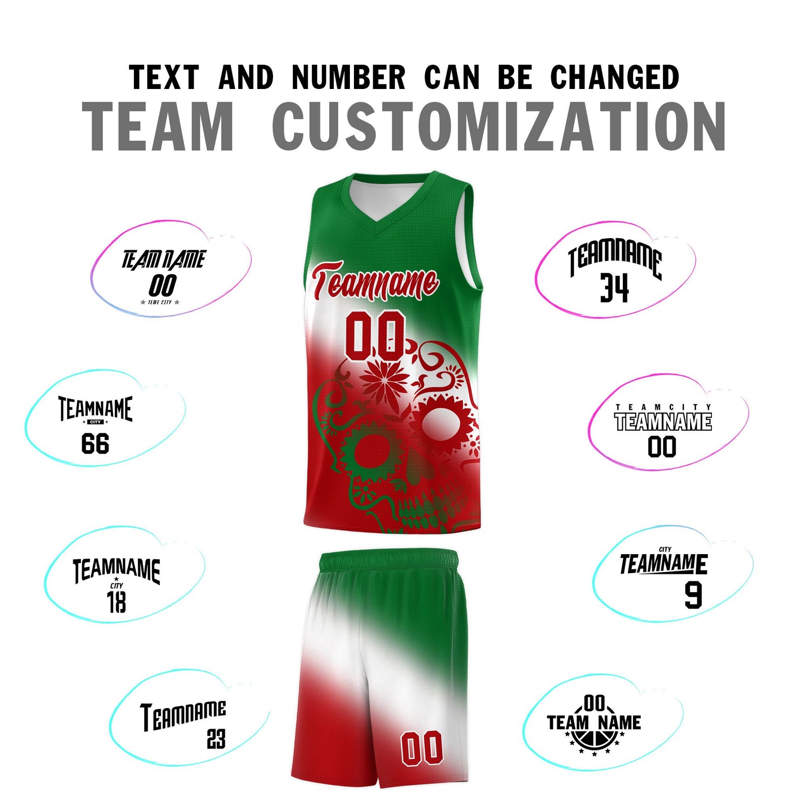 Custom White Kelly Green Red Mexican Colors Graffiti Patterns Lightweight Uniform Basketball Jersey