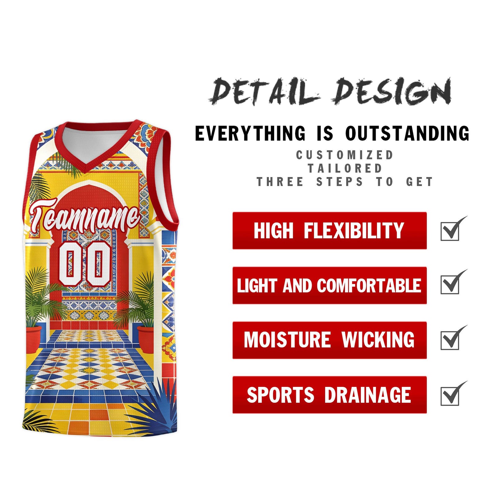 Custom Palace pattern Red Mexican Colors Graffiti Patterns Sublimation Printing Uniform Basketball Jersey