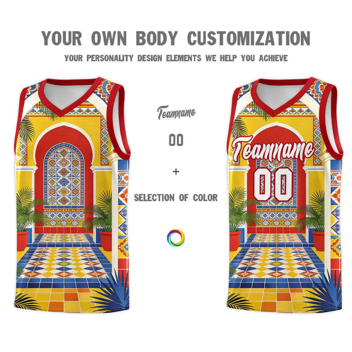 Custom Palace pattern Red Mexican Colors Graffiti Patterns Sublimation Printing Uniform Basketball Jersey