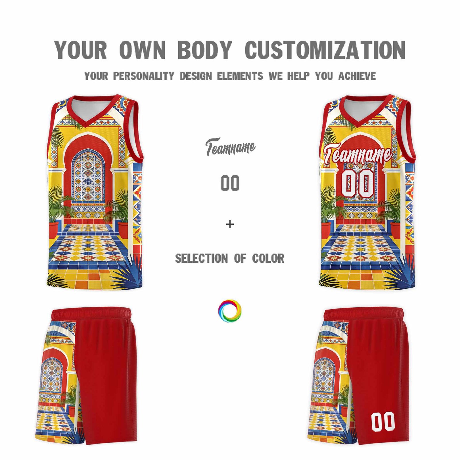Custom Palace pattern Red Mexican Colors Graffiti Patterns Sublimation Printing Uniform Basketball Jersey