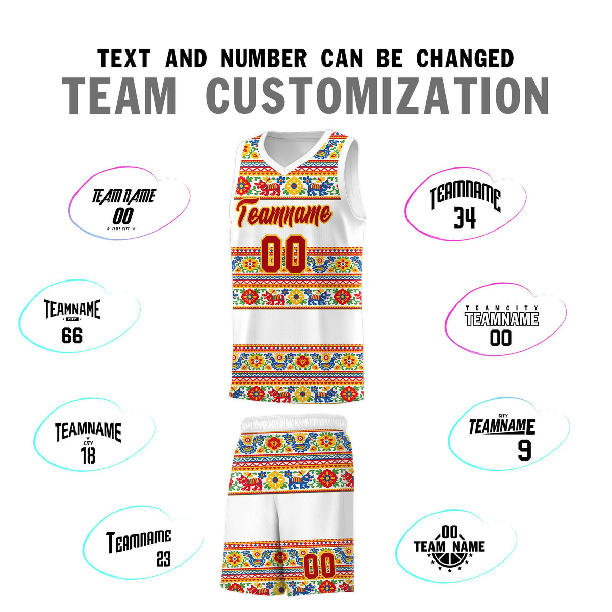 Custom White Colorfulflower pattern Mexican Colors Graffiti Patterns Quick-Drying Uniform Basketball Jersey