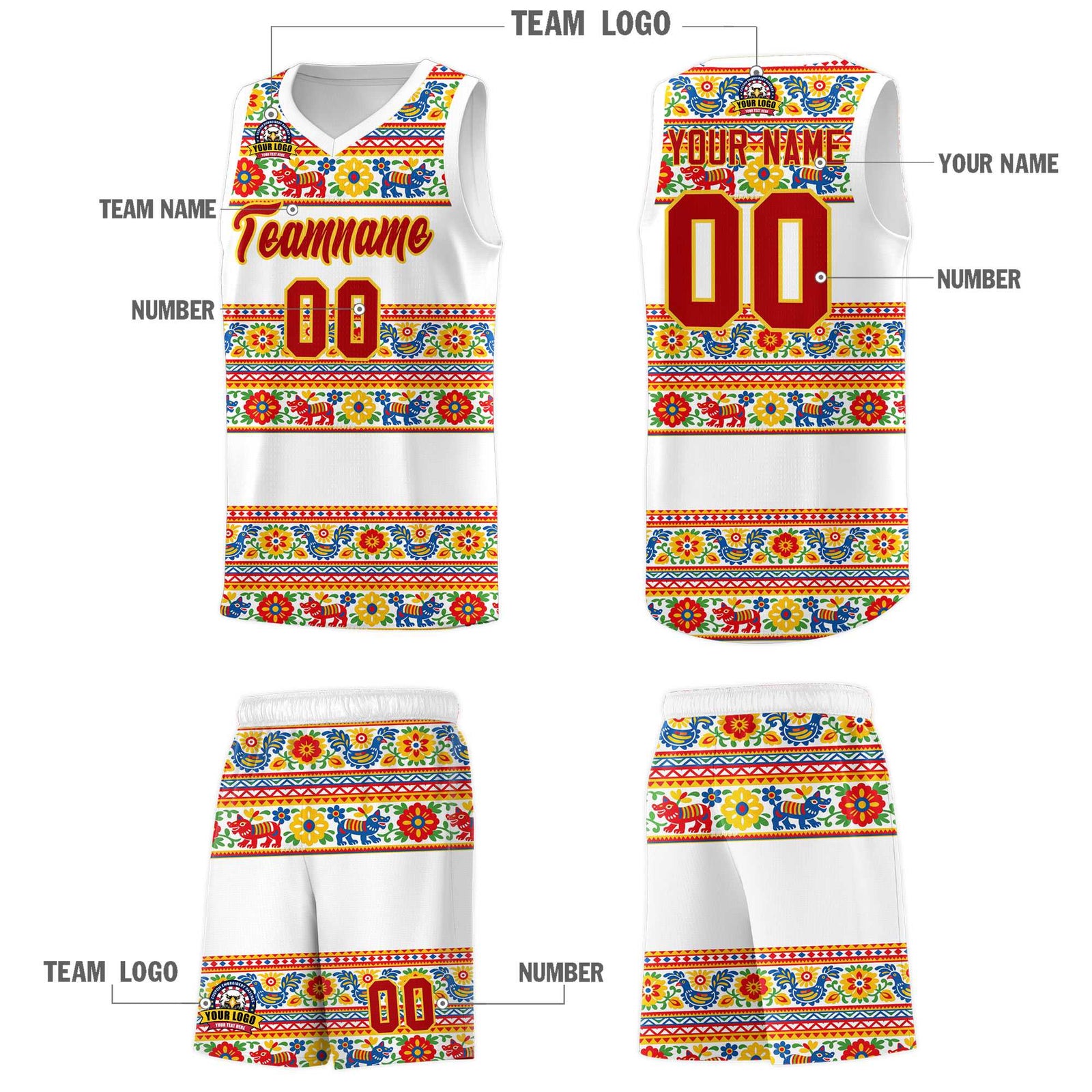 Custom White Colorfulflower pattern Mexican Colors Graffiti Patterns Quick-Drying Uniform Basketball Jersey