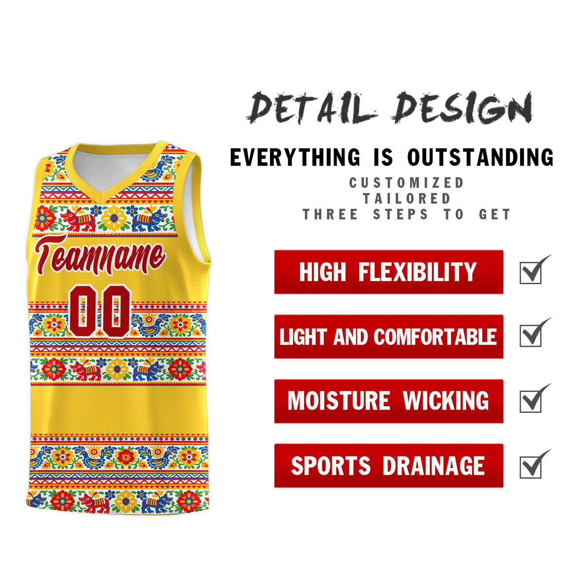Custom Gold Colorfulflower pattern Mexican Colors Graffiti Patterns Lightweight Uniform Basketball Jersey