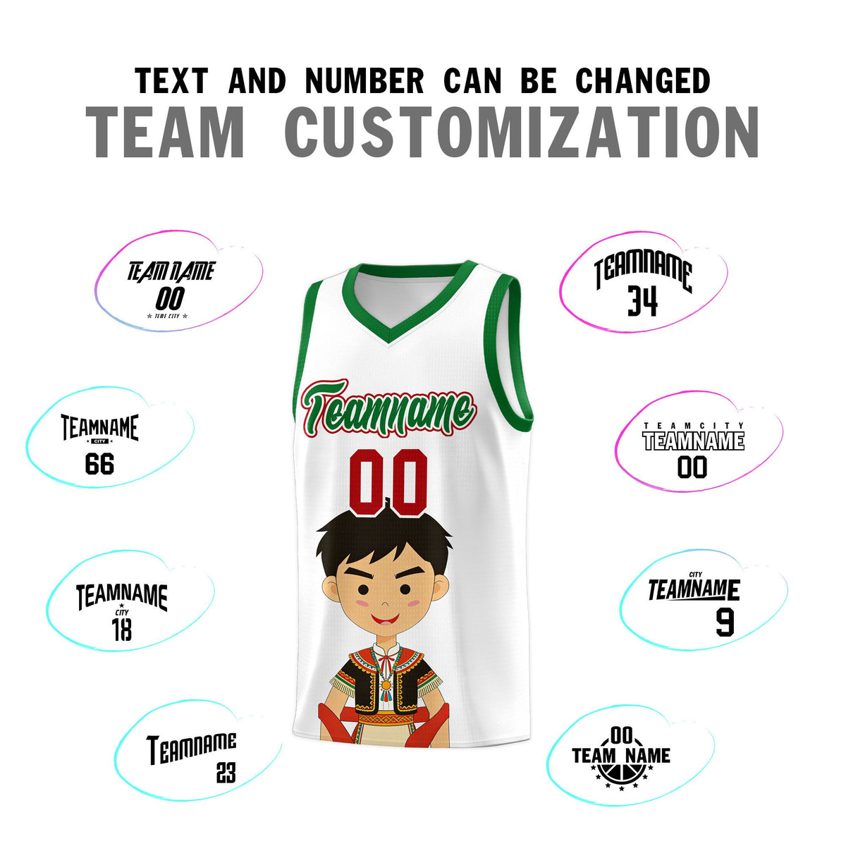Custom White Kelly Green Mexican Colors Graffiti Patterns Breathable Uniform Basketball Jersey
