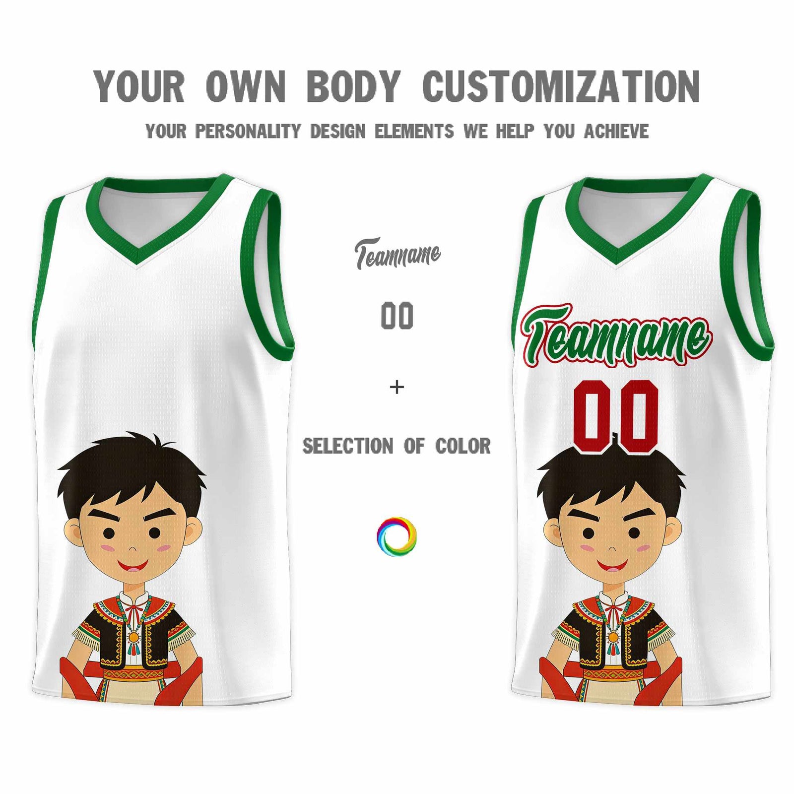 Custom White Kelly Green Mexican Colors Graffiti Patterns Breathable Uniform Basketball Jersey