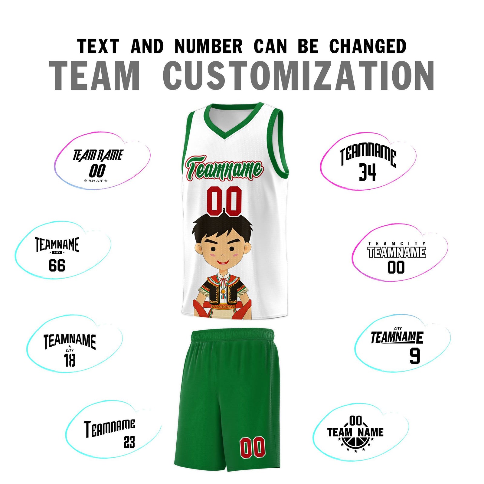 Custom White Kelly Green Mexican Colors Graffiti Patterns Breathable Uniform Basketball Jersey