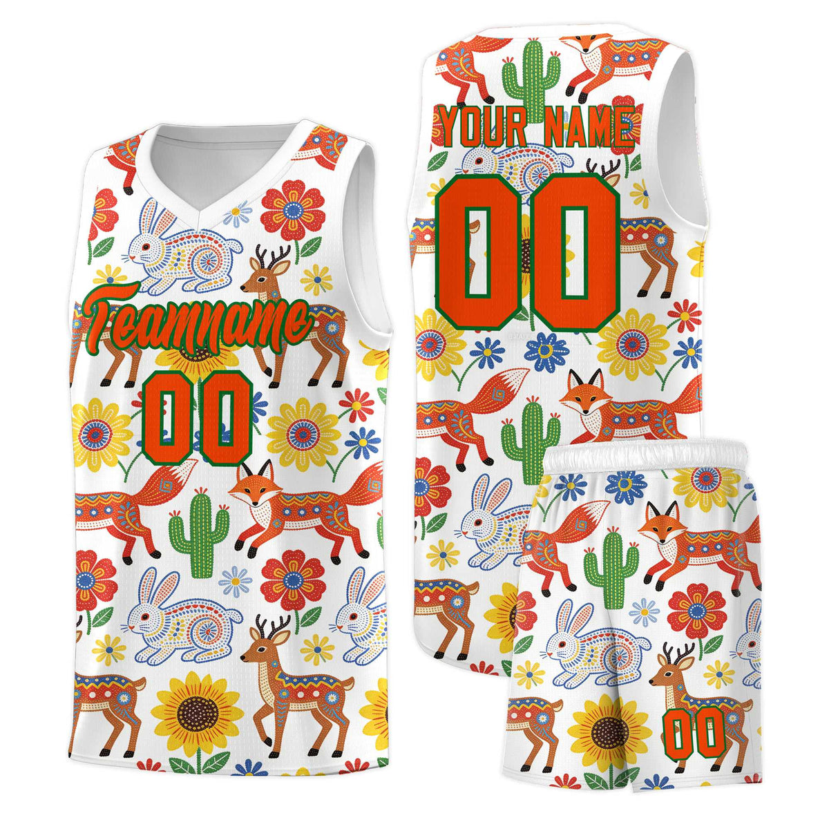 Custom White Chrysanthemum OrangeMexican Colors Graffiti Patterns Quick-Drying Uniform Basketball Jersey