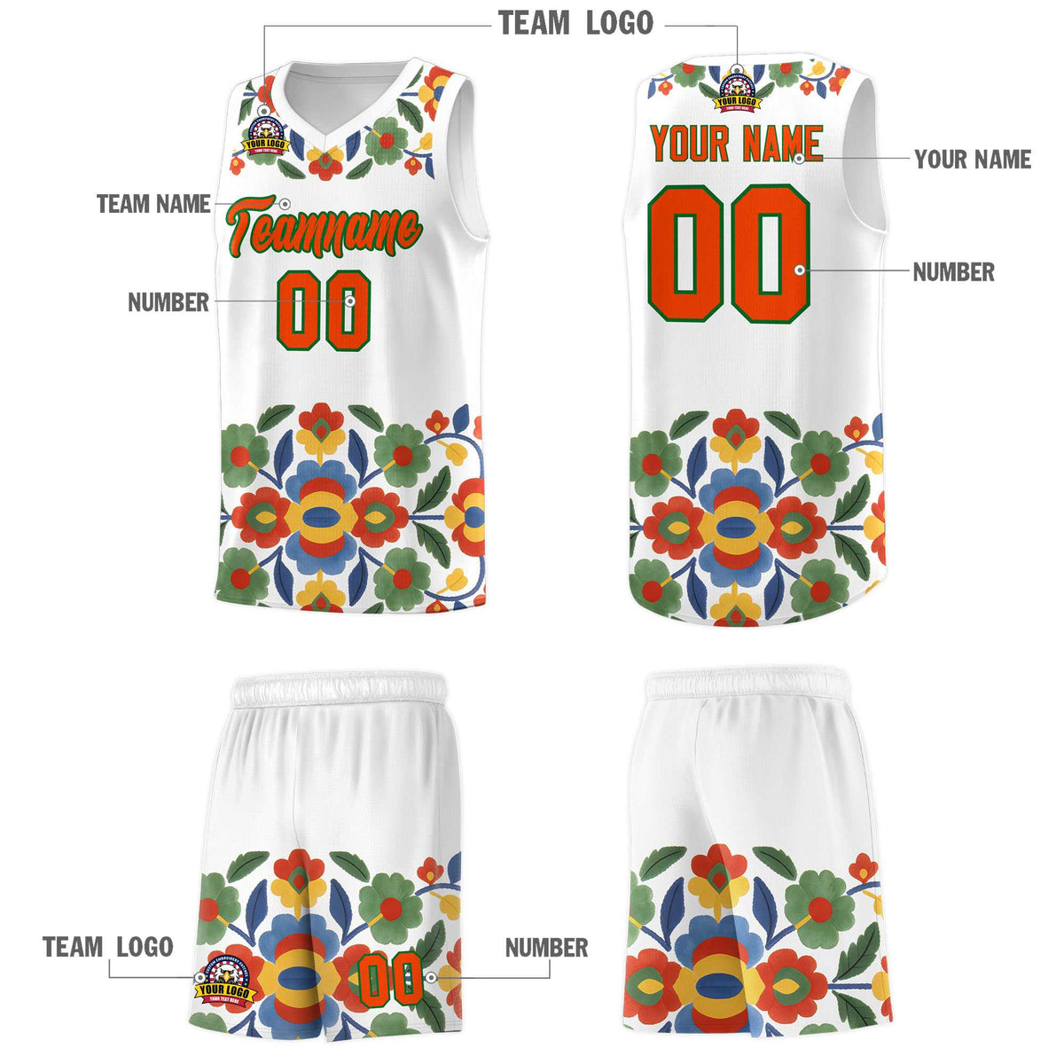 Custom White Orange Mexican Colors Graffiti Patterns Lightweight Uniform Basketball Jersey